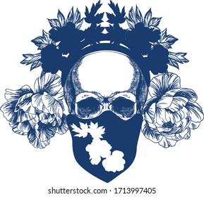 Blue flower and skull with bandana on white background. Vector illustration.