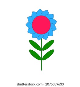 Flor azul con tallo. Centro rosa. Diseño de caricaturas. Dibujado a mano. Elemento vintage. Ilustración vectorial. Imagen de archivo. 