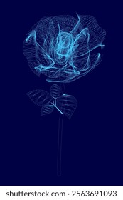 Blue flower with a stem is shown in a blue background. The flower is very detailed and he is a digital of a real flower. Scene is serene and calming, as the blue color of the flower