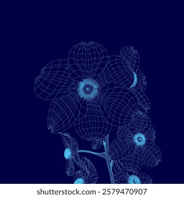 Blue flower with a stem is shown in a blue background. The flower is very detailed and looks like it is made of wire. The image has a very calming and serene mood, as the blue color