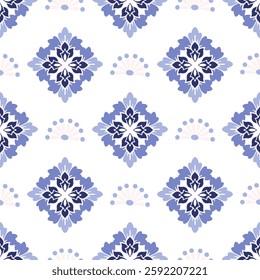 Blue flower talavera pattern. Indian patchwork. Azulejos portugal. Turkish ornament. Moroccan tile mosaic. Spanish pottery. Ethnic background. Mediterranean wallpaper.