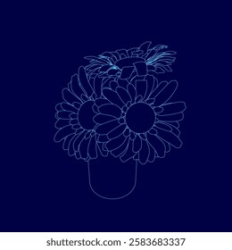 A blue flower vase with a bunch of flowers in it. The flowers are drawn in blue