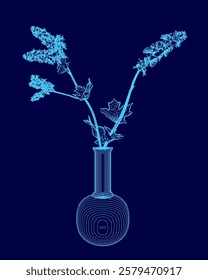 Blue flower vase with a blue flower in it. The vase is in the center of the image and the flower is on the right side