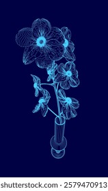 Blue flower with a vase in the middle. The vase is clear and has a stem. The flowers are arranged in a way that they look like they are floating in the air