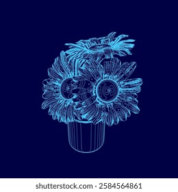 A blue flower vase with sunflowers in it. The vase is filled with water and the flowers are arranged in a way that they look like they are in a vase