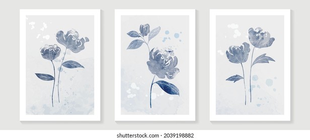 Blue flower watercolor art triptych wall art vector. Abstract art background with sweet orange and pink Floral Bouquets, Wildflower and leaf  hand paint design for wall decor, poster and wallpaper.