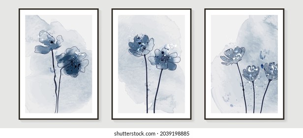 Blue flower watercolor art triptych wall art vector  Abstract art background and sweet orange   pink Floral Bouquets  Wildflower   leaf  hand paint design for wall decor  poster   wallpaper 