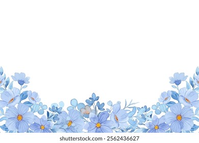 Blue flower watercolor border for wedding, birthday, card, background, invitation, wallpaper, sticker, decoration etc.