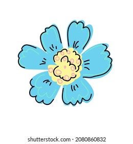 A blue flower with a yellow core on a white background. Isolated design element