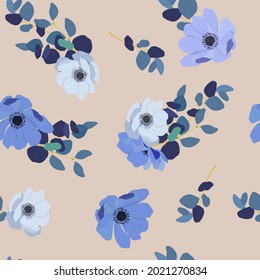 Blue flowers anemone with leaves eucalyptus on beige background. Seamless vector illustration. For decoration textile, packaging and wallpaper.