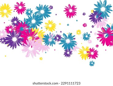 Blue Flowers Background White Vector. Daisy Present Banner. Pink Gerbera Holiday. Art Backdrop. Attractive Purple Floral.