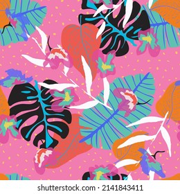 Blue Flowers Beach Vector Seamless Pattern. Colorful Abstract Monstera Illustration. White Leaf Spring Wallpaper. Pink Hawaiian Palm Texture.