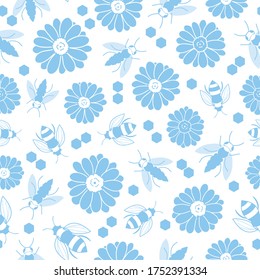 Flores azules y abejas fondo transparente