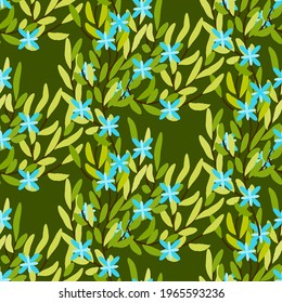 blue flowers blooming on tree branch, seamless vector pattern, spring flourish print