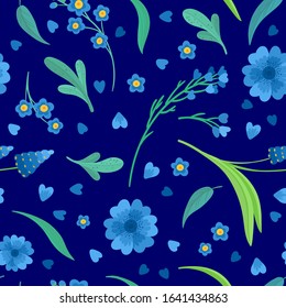 Blue flowers blossoms flat vector retro seamless pattern.  Abstract wildflowers on bright  blue background. Daisy and cornflower decorative background. Blooming meadow wildflowers. Vintage textile