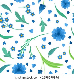 Blaublumen blüht flache Vektorillustration Retro nahtlose Muster.  Abstrakte Wildblumen auf weißem Hintergrund. Daisy-floraler Hintergrund. Blühende Wiesenblumen. 