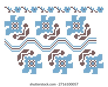 Blue flowers botany pattern set in beaded style, Poltava region of Ukraine embroidery ornamental traditions