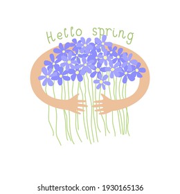 Blue flowers bouquet in hands vector illustration. Hello spring greeting card.  New season welcome. Good for poster, banner, ads, social media, print.
