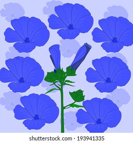 Blue flowers and a branch with buds.