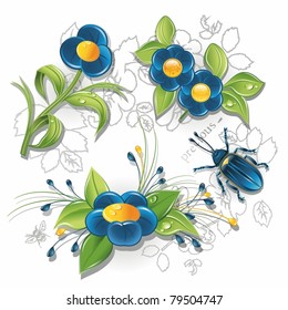 blue flowers and bug