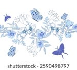 Blue flowers with butterflies.Vector seamless pattern with blue flowers and butterflies on a white background.
