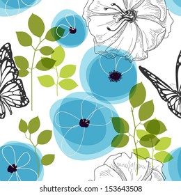 Blue flowers and butterfly over white, nature seamless pattern