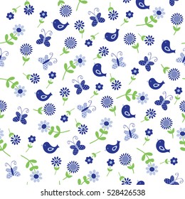 Blue flowers butterfy bird seamless patters