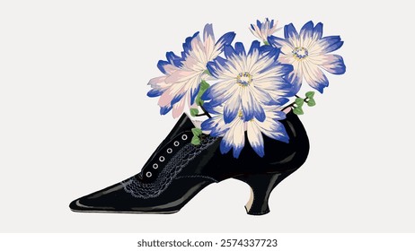 Blue flowers cineraria in heels illustration isolated on white, vector. Vintage beautiful flower illustration, hand drawn floral vector isolated on white background.