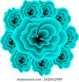 Blue flowers circled around and partially behind one large flower in a multitude of different gradients and overlapping layers, abstract 3d flower  design background