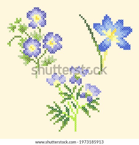 blue flowers, cross stitch vector illustration