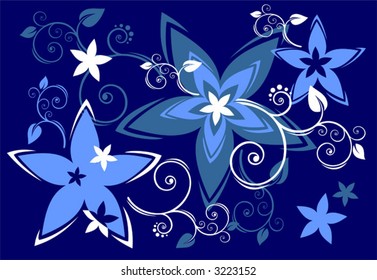 Blue flowers and curls on a dark blue background.