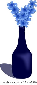 Blue flowers in a dark blue bottle.