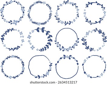 Blue flowers with dark blue leaves wreath for decoration on classic style, nature and wedding event.