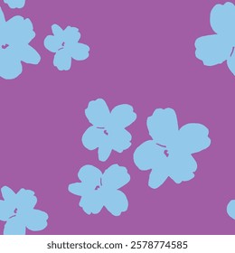 blue flowers of different sizes and shapes on a purple background