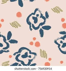 Blue flowers with dots and crayon scribbles on powder pink background