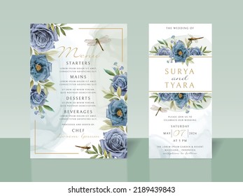 Blue flowers and dragonfly hand drawn wedding invitation card