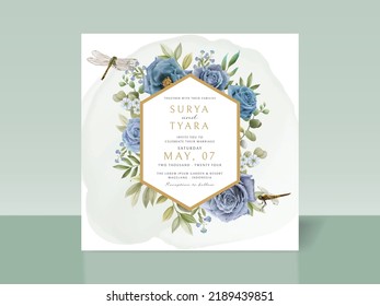 Blue flowers and dragonfly hand drawn wedding invitation card