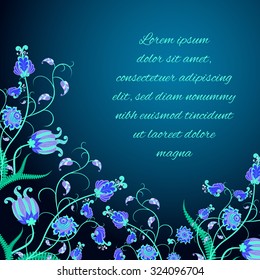 Blue flowers, ethnic style.Vector background. Place for your text