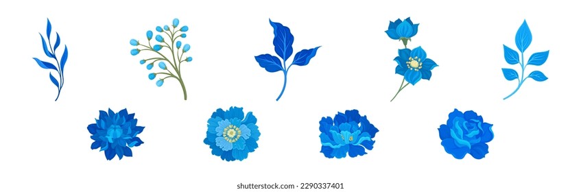 Blue Flowers and Floral Leafy Twigs Decorative Elements Vector Set