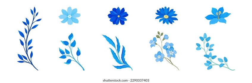 Blue Flowers and Floral Leafy Twigs Decorative Elements Vector Set