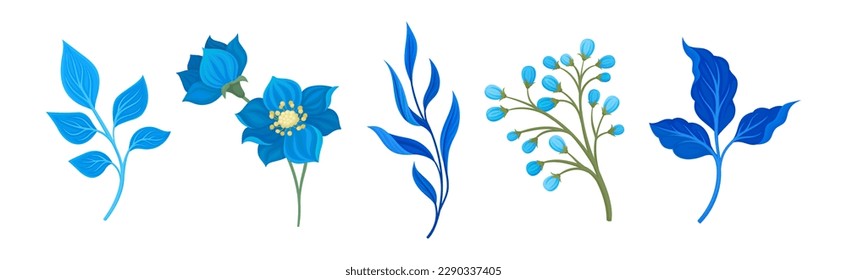 Blue Flowers and Floral Leafy Twigs Decorative Elements Vector Set