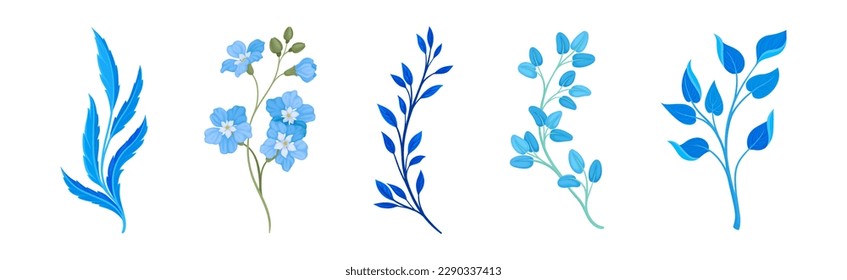 Blaue Blumen und florale Blätter, zwei Dekorative Elemente, Vektorset