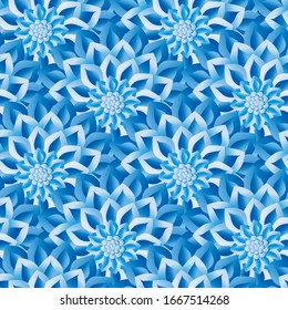 Blue flowers floral seamless pattern. Chrysanthemum, dahlia, peony, snowflakes, stars. Japanese ornament style. Geometric seamless background. Vector illustration. Winter print