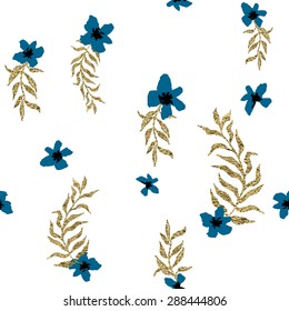 Blue flowers with gold foiled branches. Seamless pattern.