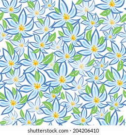 Blue flowers with green leafs seamless pattern