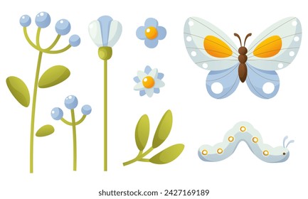 Blue, blue flowers, green leaves, blue butterfly and caterpillar. Summer flowers and insects