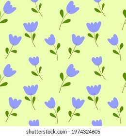 blue flowers with green leaves on green and yellow background summer spring seamless pattern