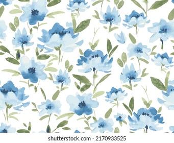 Blue flowers with green leaves on the white background. Watercolor seamless pattern with flowers.