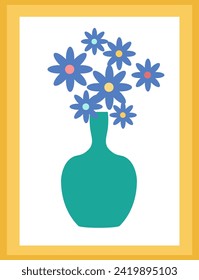 Blue flowers in green vase, framed wall art decor. Simple floral arrangement, modern interior decoration vector illustration.