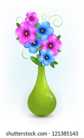 Blue flowers in green vase. Vector background. Easy to edit. Perfect for invitations or announcements.